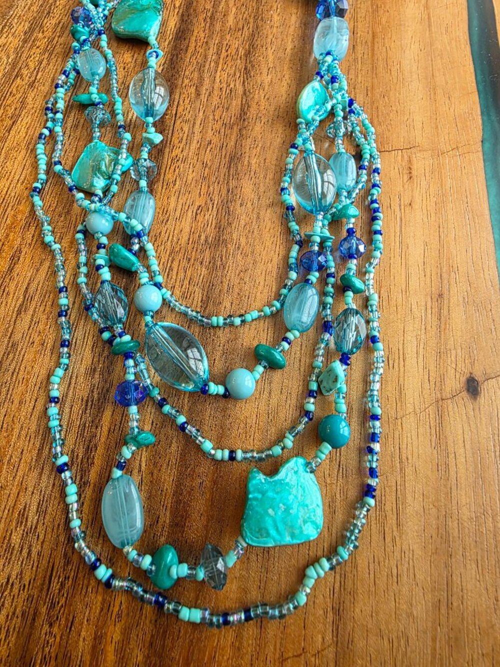 Boho Multi-Strand Blue Beaded Statement Necklace – Teal & Turquoise Layered - Picture 3 of 8